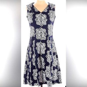 NINE WEST Fit and Flare Navy Blue White Medallion Sleeveless Dress 4